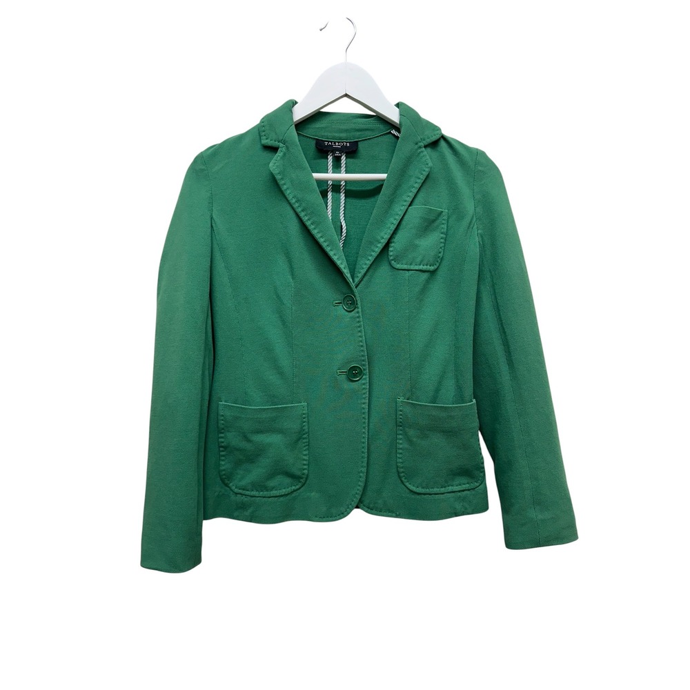 Talbots Petites Green Cotton Knit Blazer Jacket Size 4P Two Button Professional